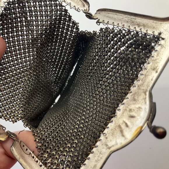 Antique 20's Art Deco Green Chainmail Mesh Evening Bag Handpainted Enamel*Read* - Picture 10 of 14